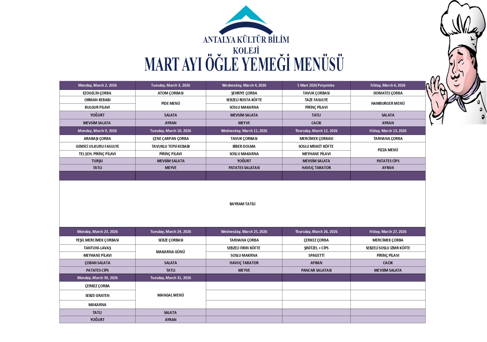 Mart Ayı Öğle Yemeği Menüsü